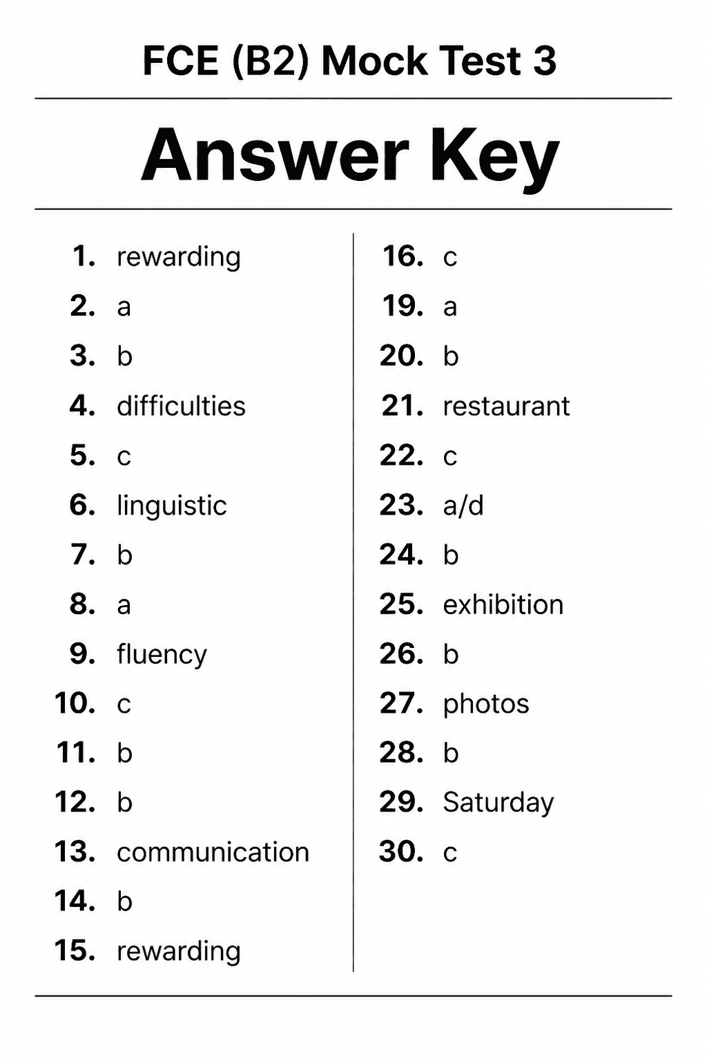 Answer key for B2 First (FCE) — Mock Test 3
