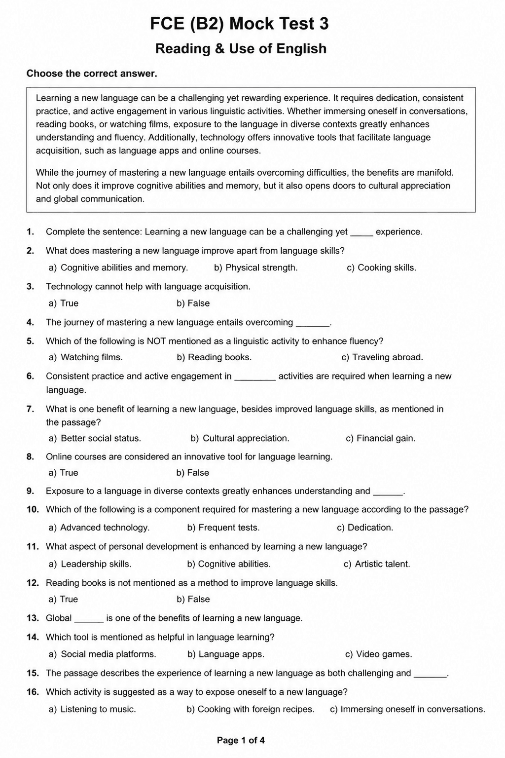 B2 First (FCE) — Mock Test 3