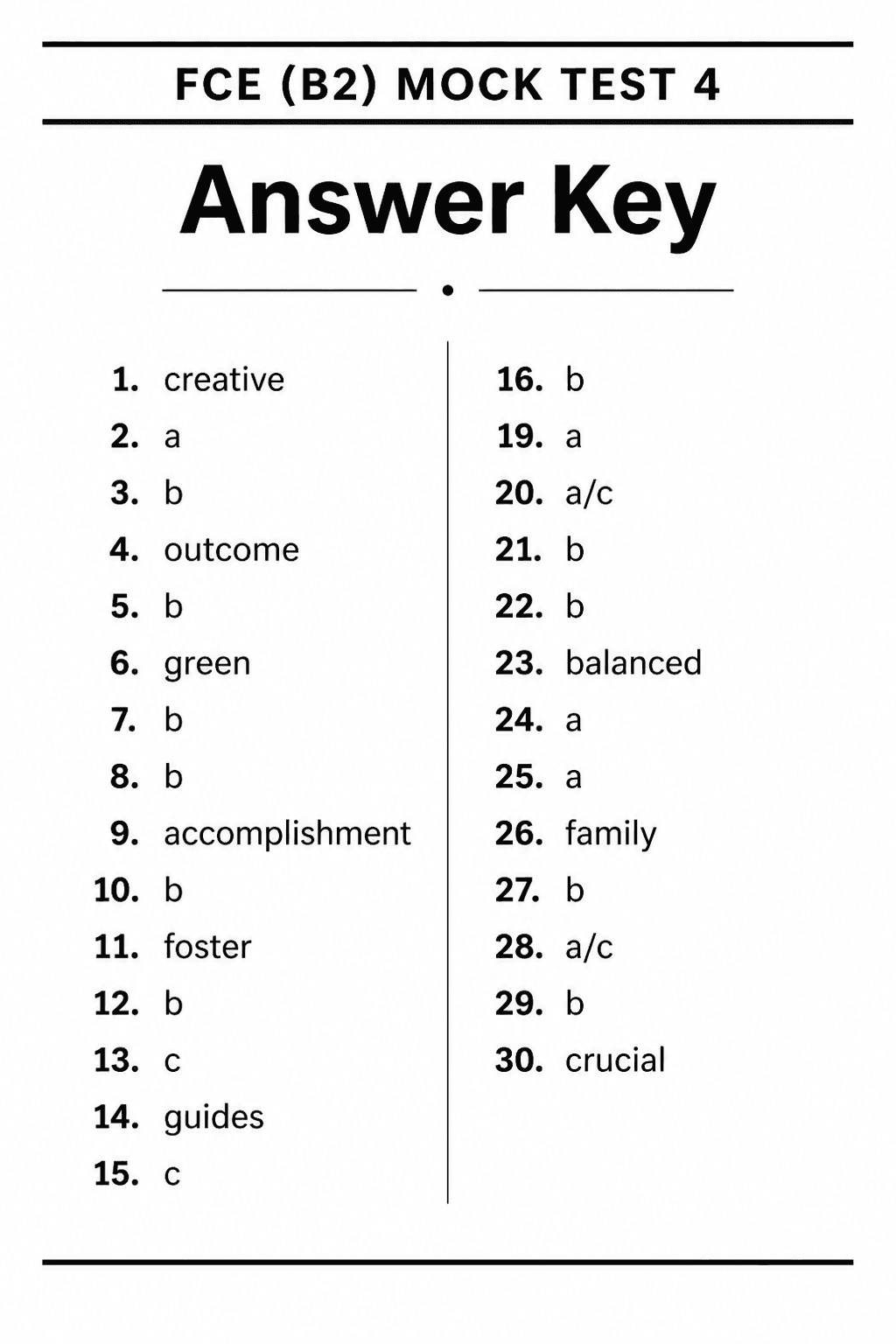 Answer key for B2 First (FCE) — Mock Test 4