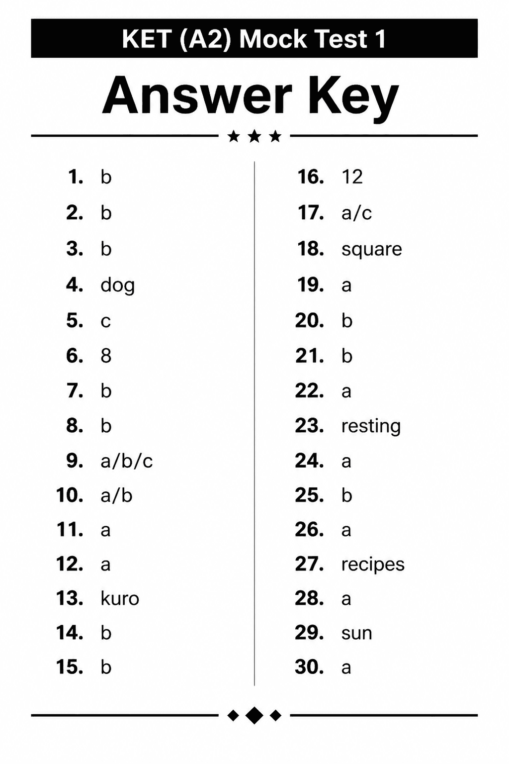 Answer key for KET (A2) — Mock Test 1