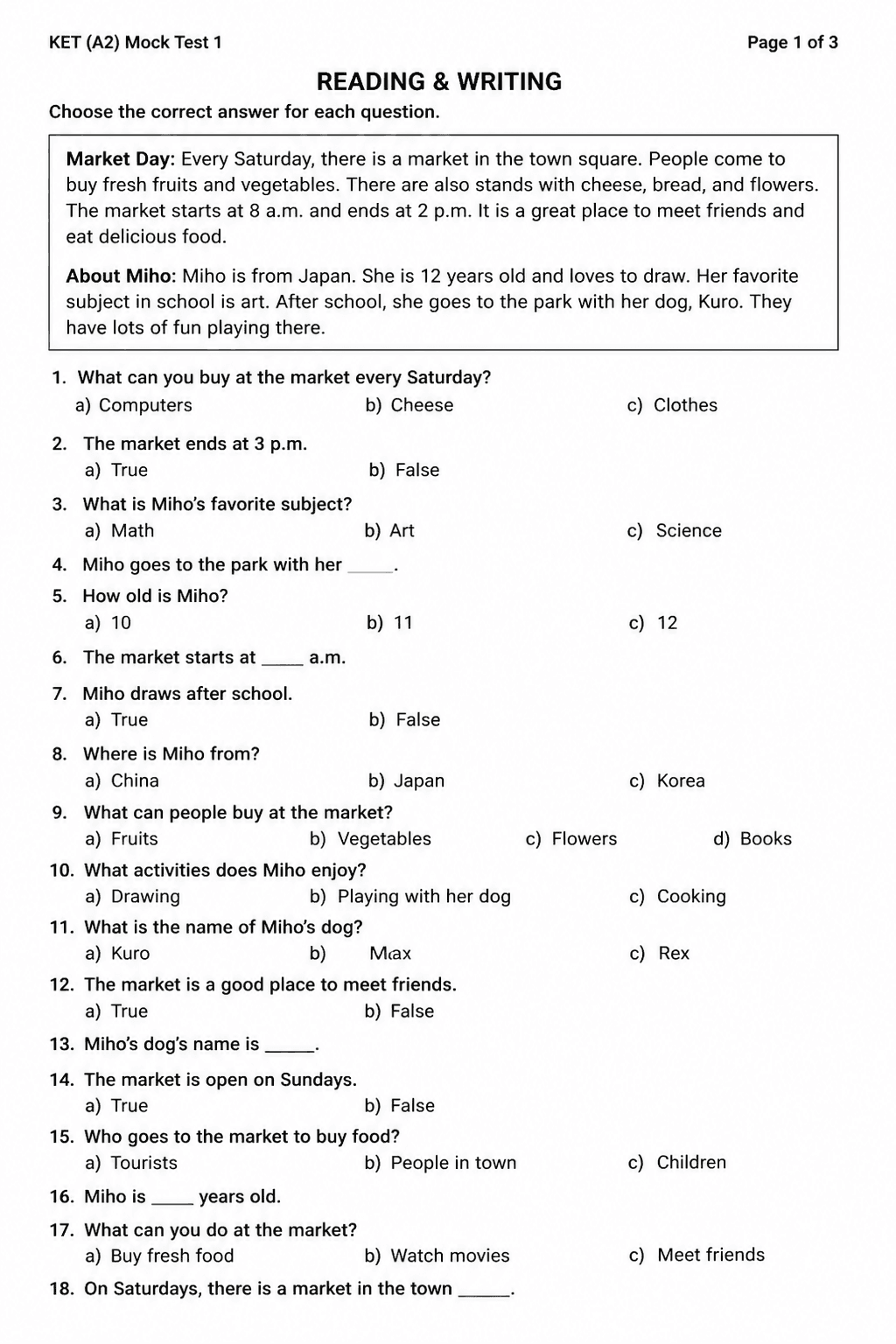 Preview of KET (A2) — Mock Test 1