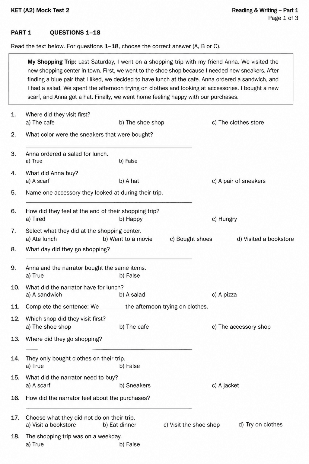 Preview of KET (A2) — Mock Test 2