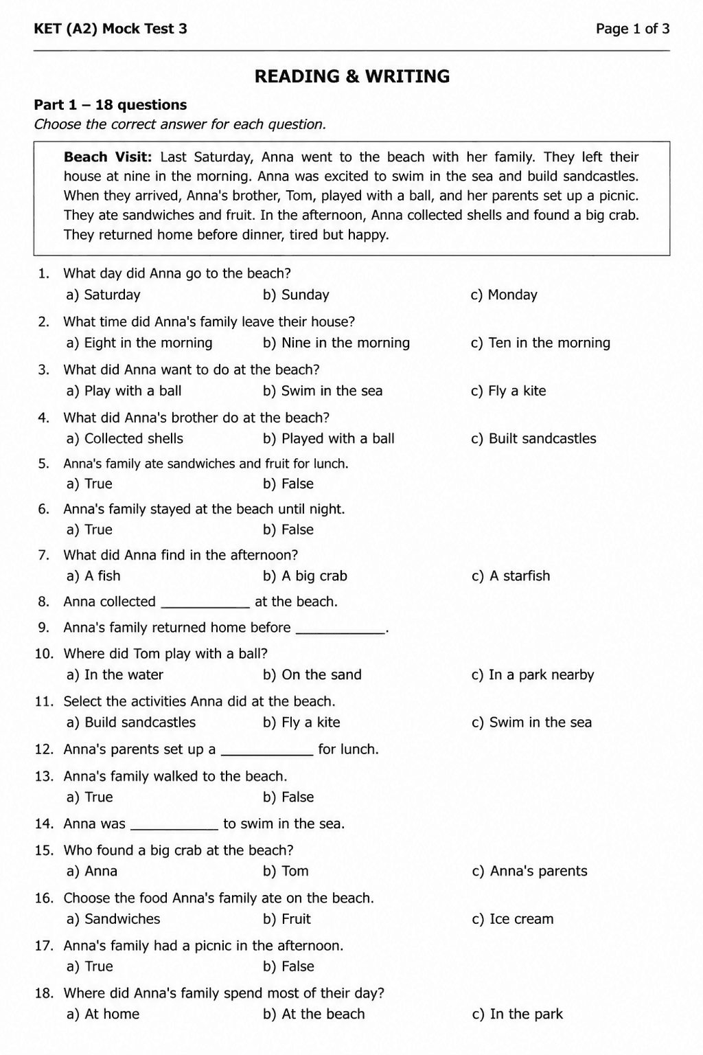 Preview of KET (A2) — Mock Test 3
