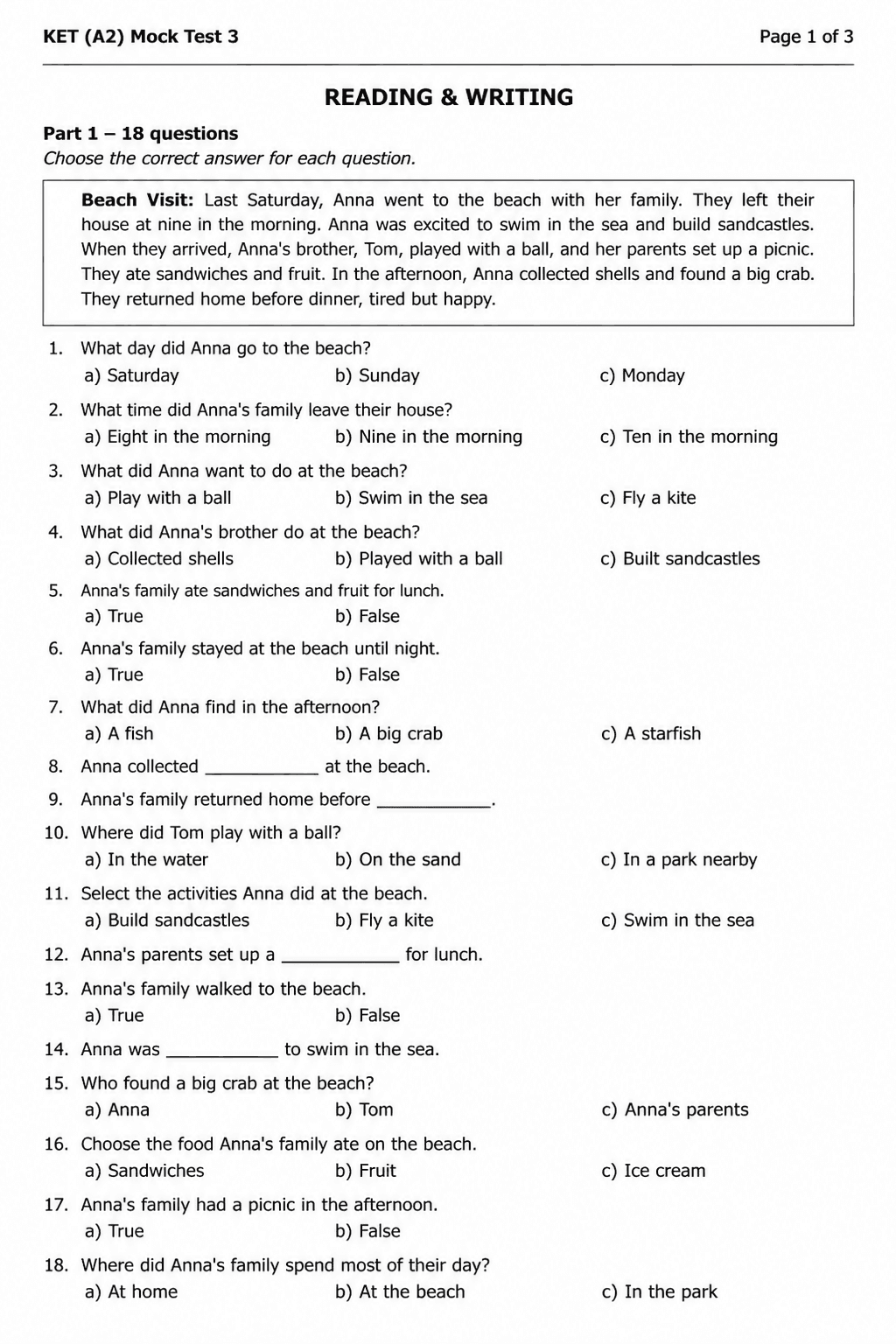 Preview of KET (A2) — Mock Test 3