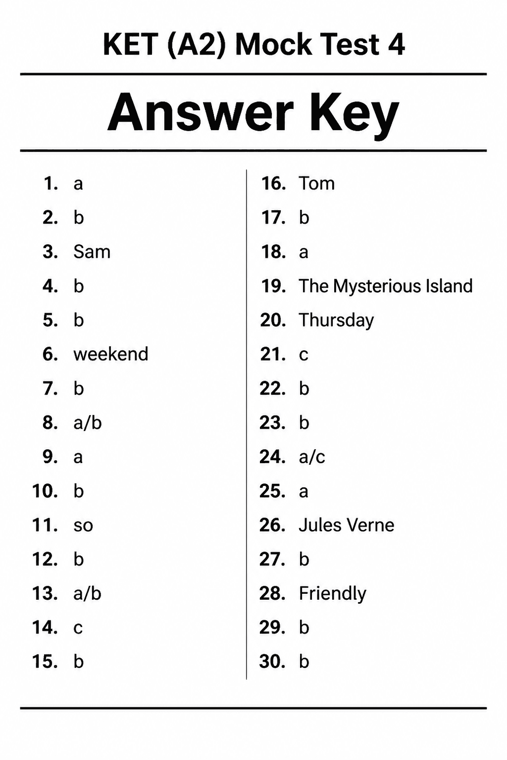 Answer key for KET (A2) — Mock Test 4
