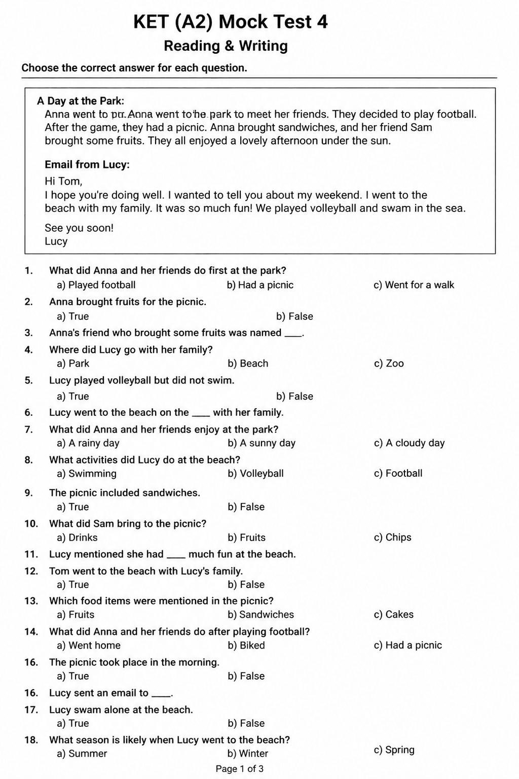 Preview of KET (A2) — Mock Test 4