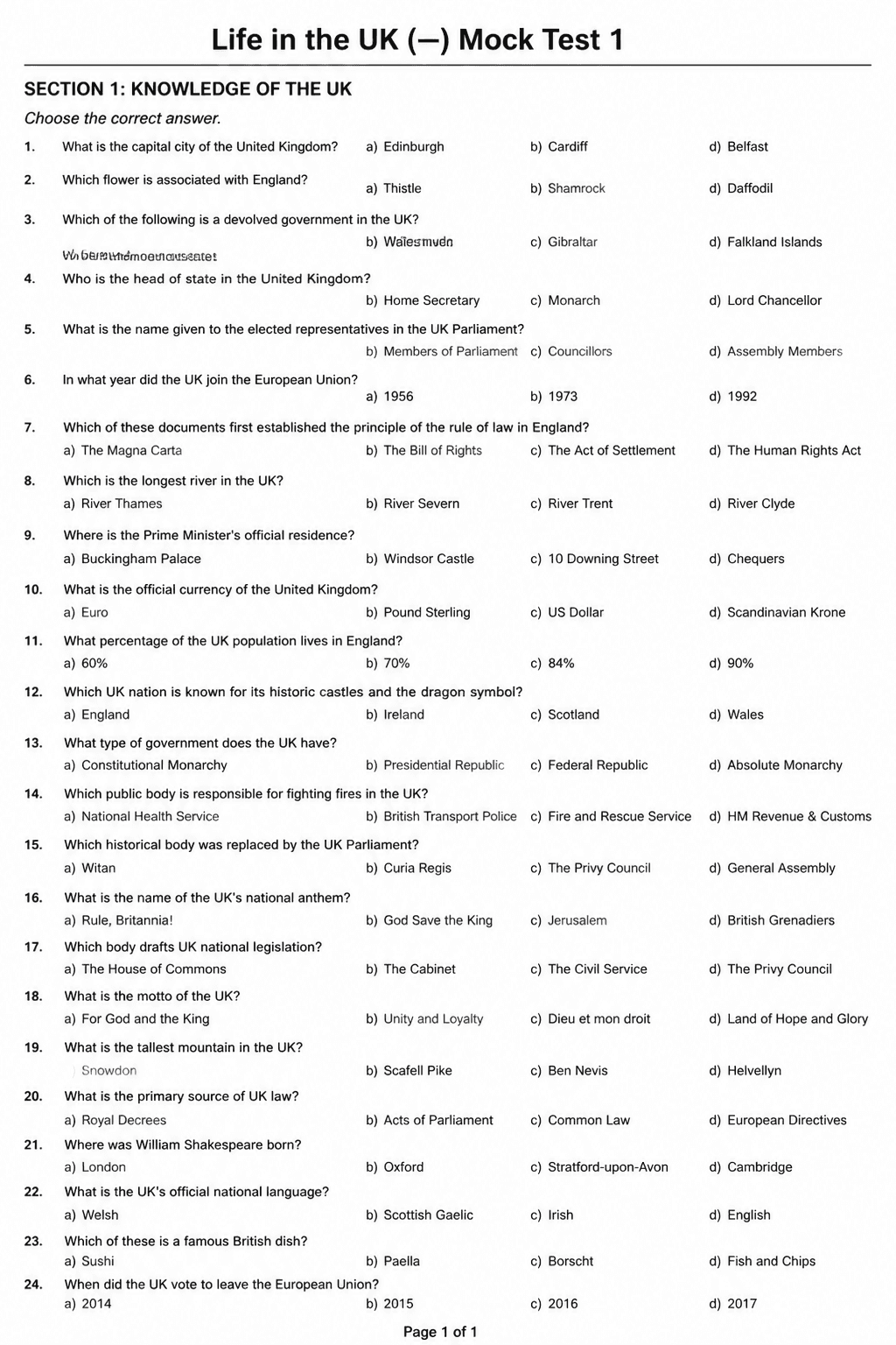 Preview of Life in the UK Test — Mock Test 1