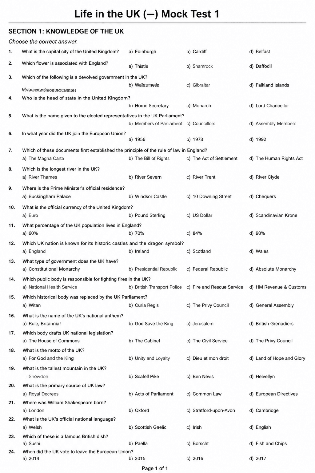 Preview of Life in the UK Test — Mock Test 1