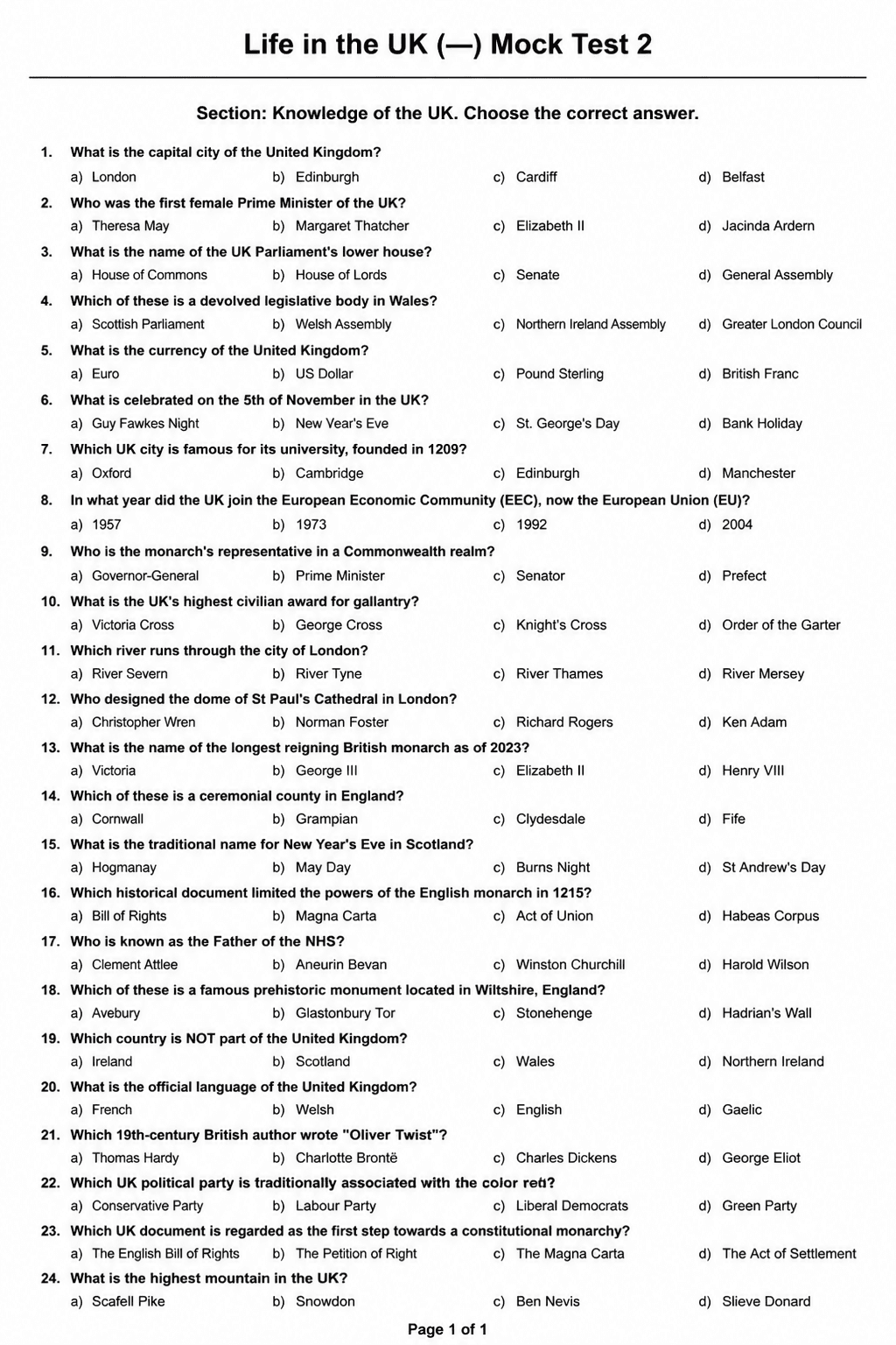Preview of Life in the UK Test — Mock Test 2