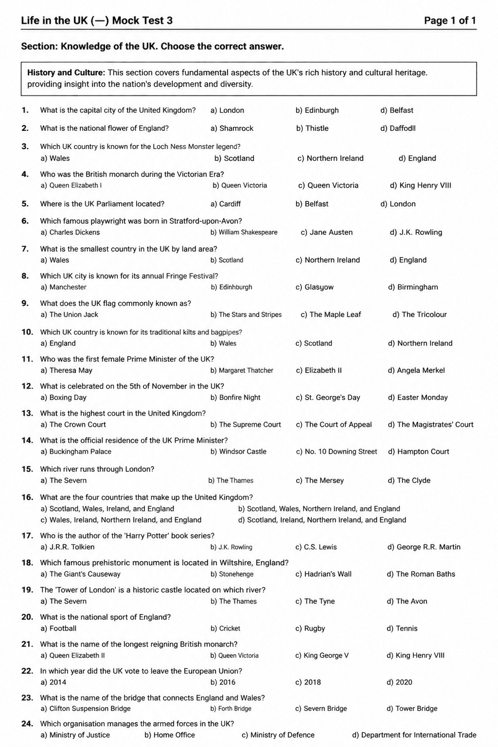 Preview of Life in the UK Test — Mock Test 3