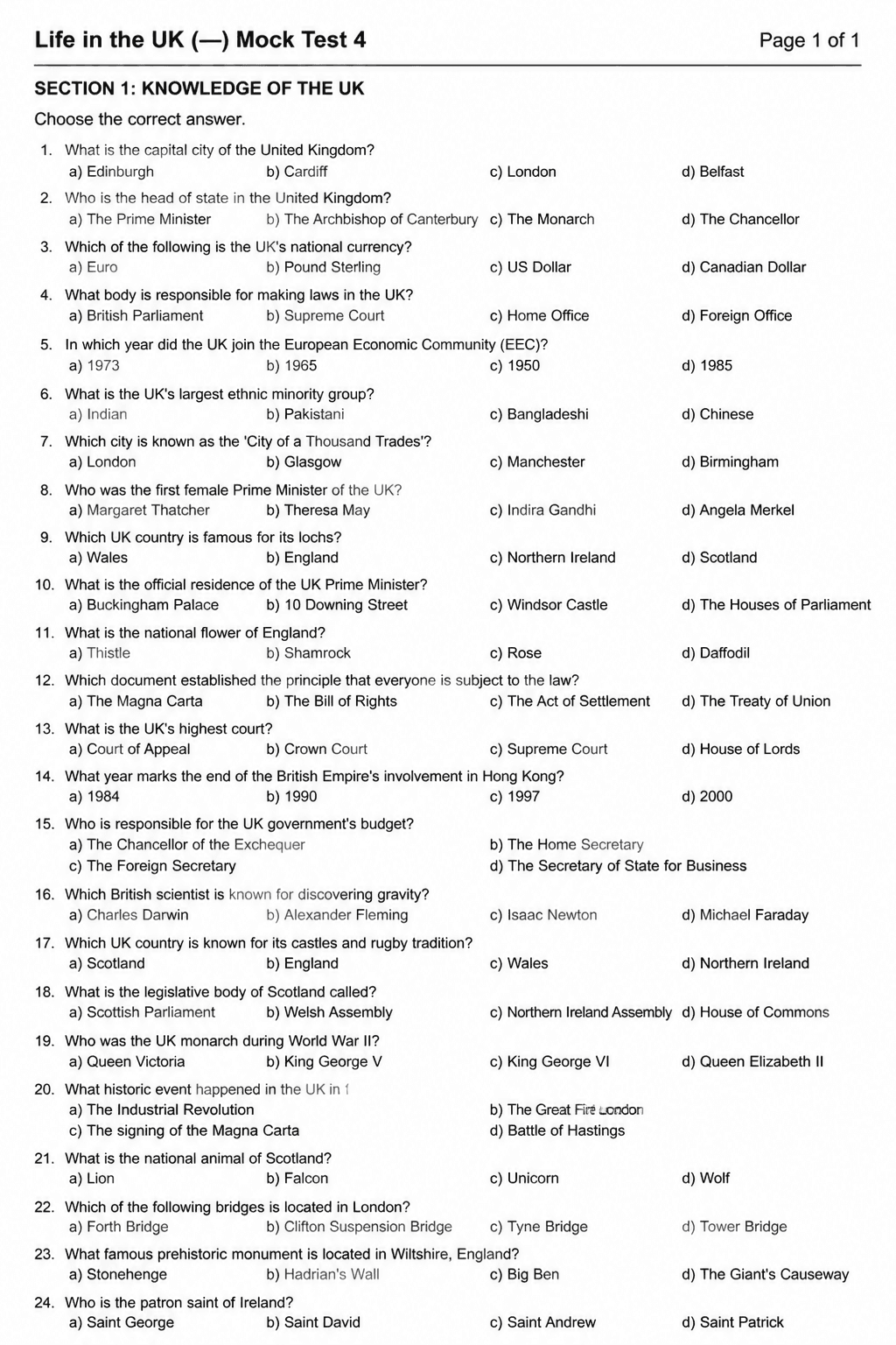 Preview of Life in the UK Test — Mock Test 4