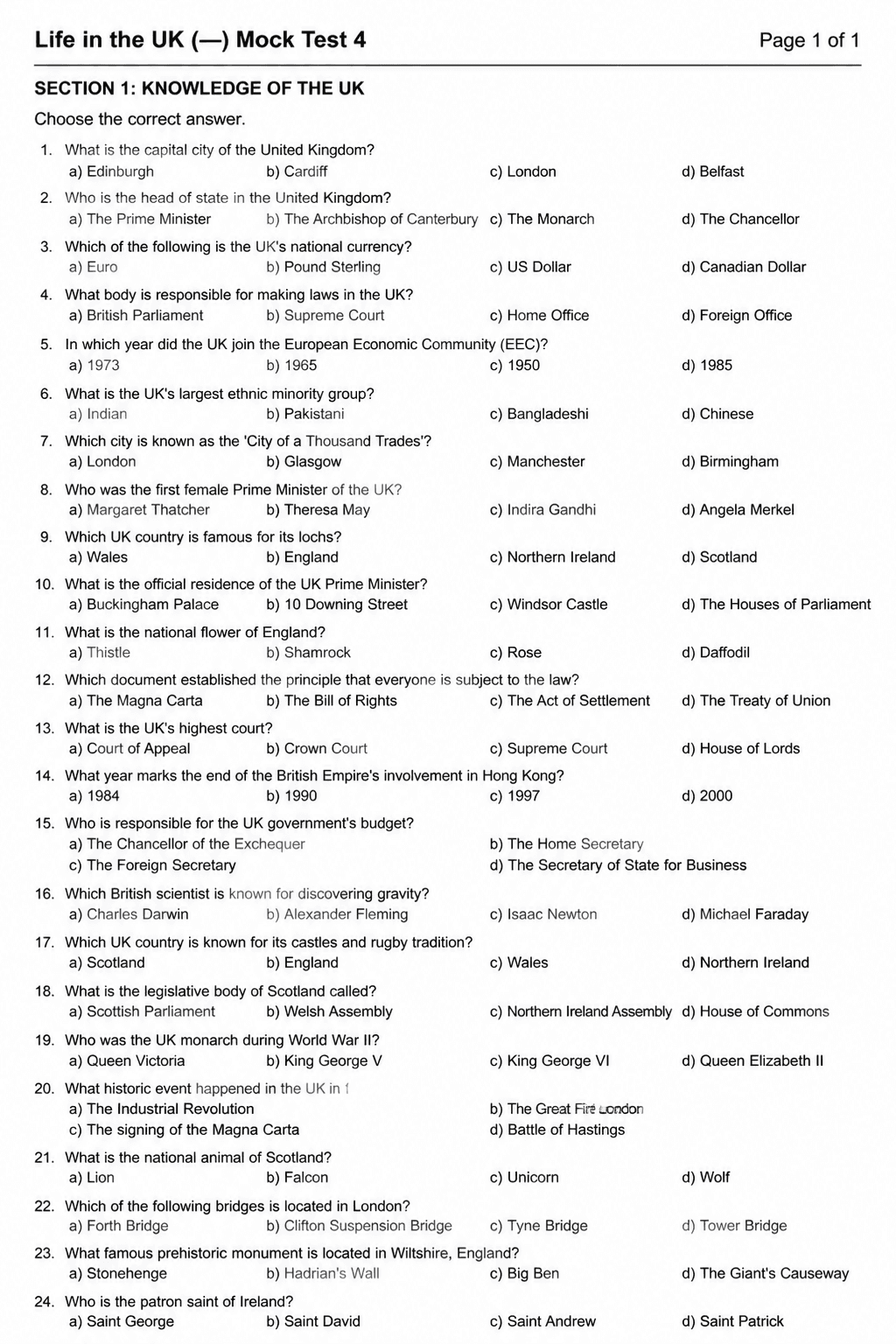Preview of Life in the UK Test — Mock Test 4