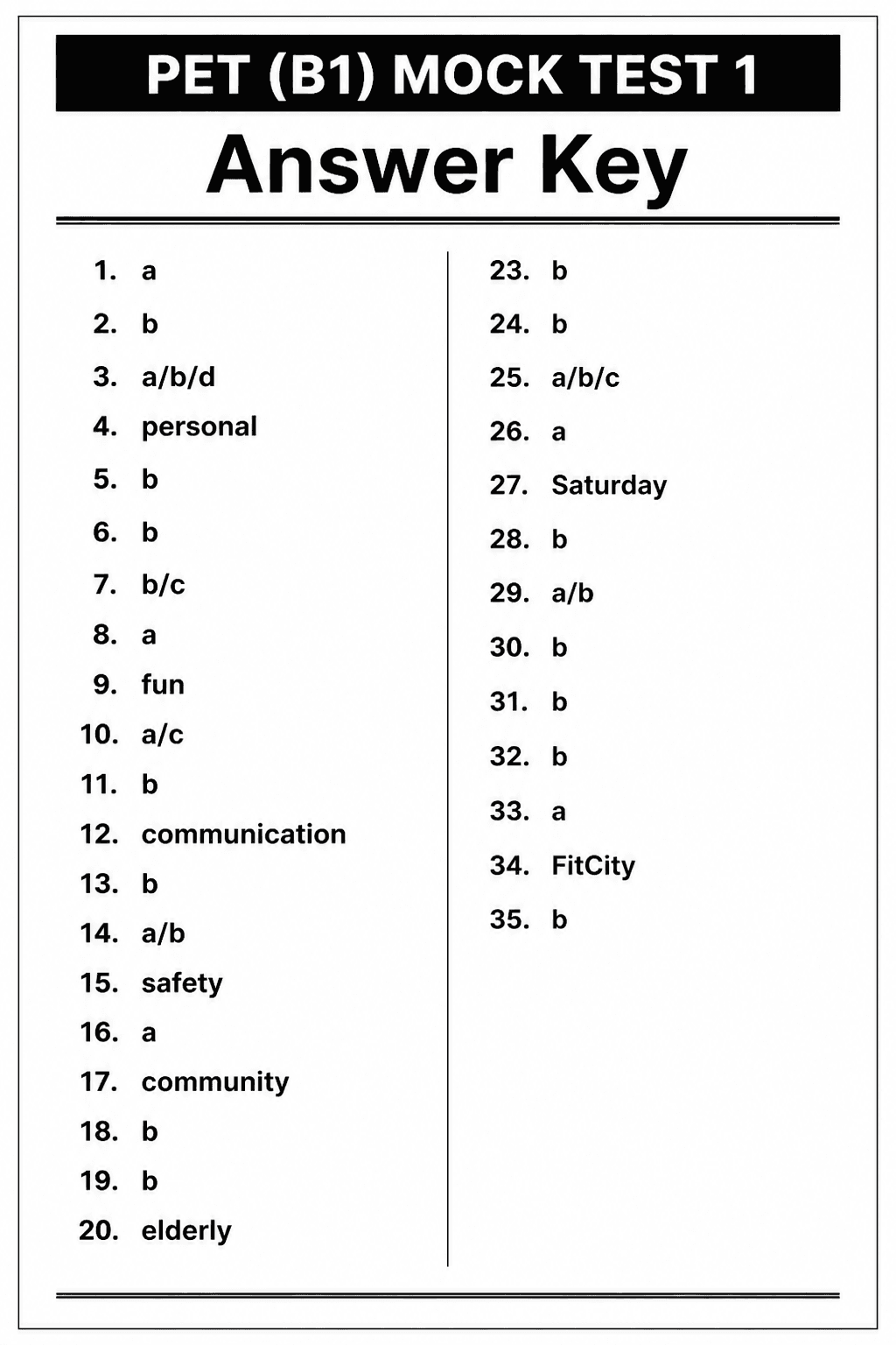 Answer key for PET (B1) — Mock Test 1