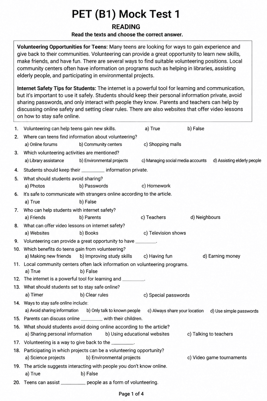Preview of PET (B1) — Mock Test 1