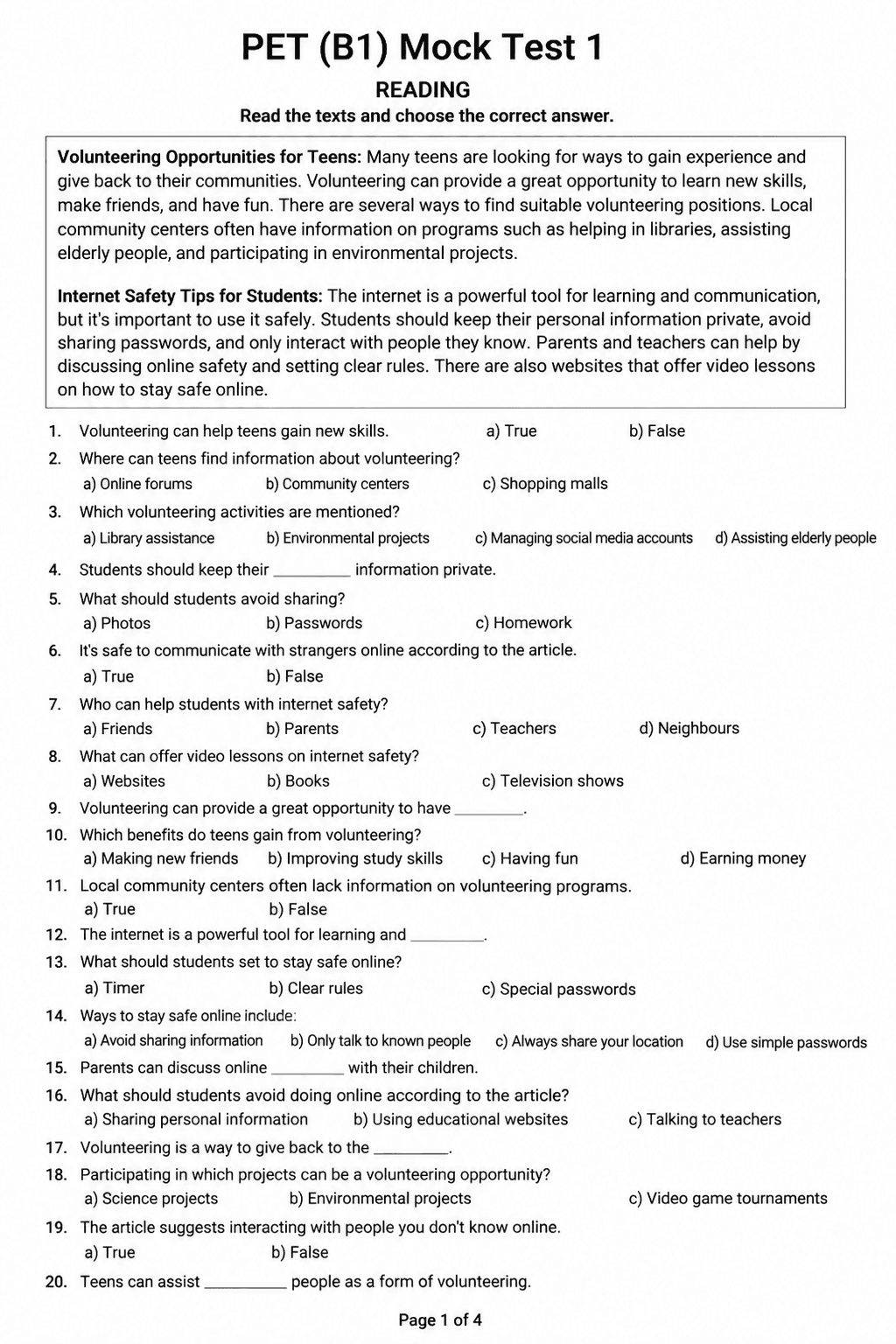 Preview of PET (B1) — Mock Test 1