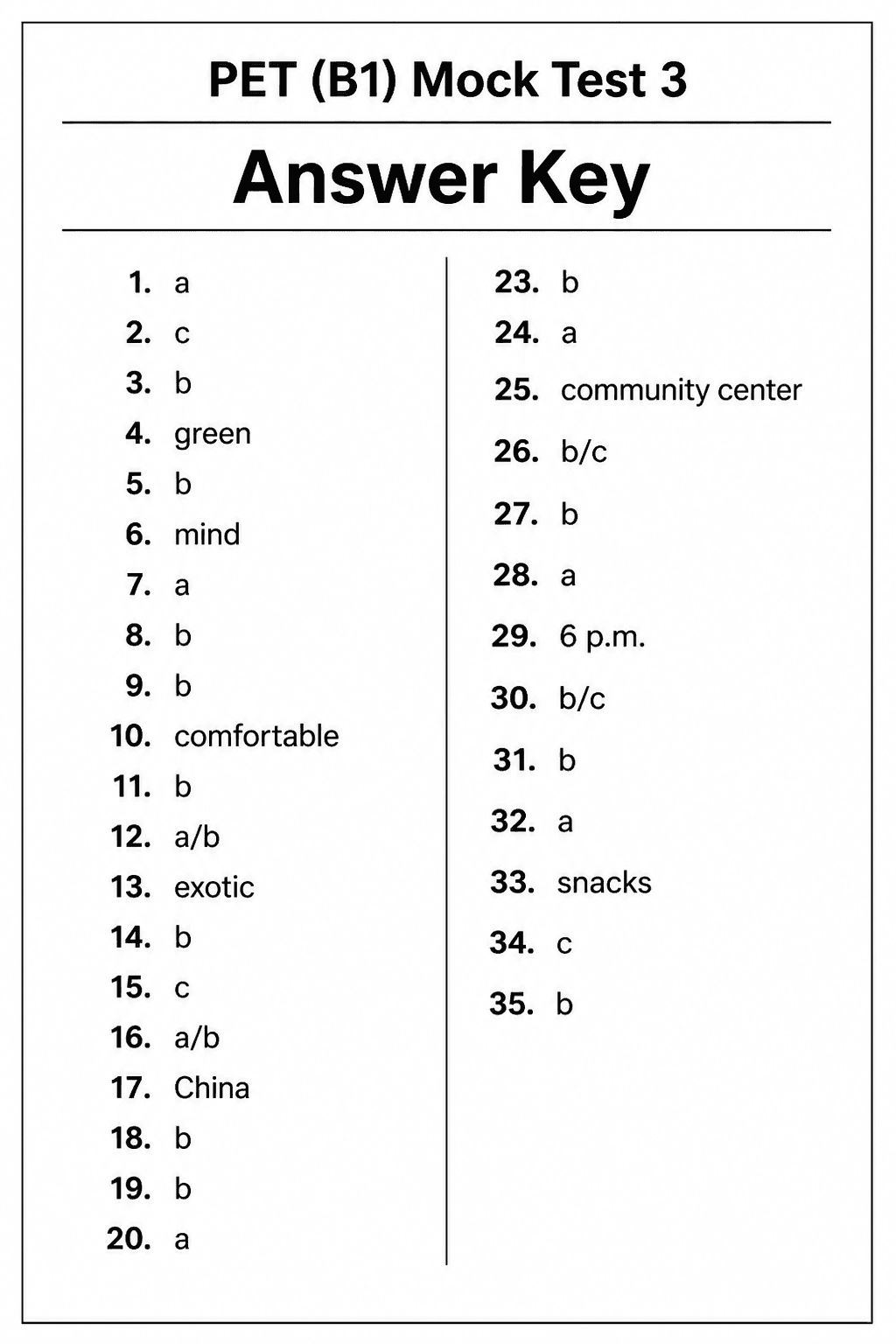 Answer key for PET (B1) — Mock Test 3