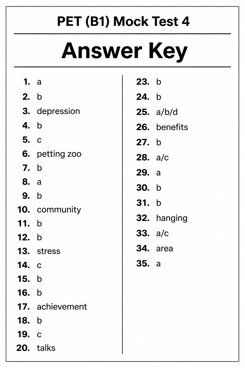 Answer key for PET (B1) — Mock Test 4