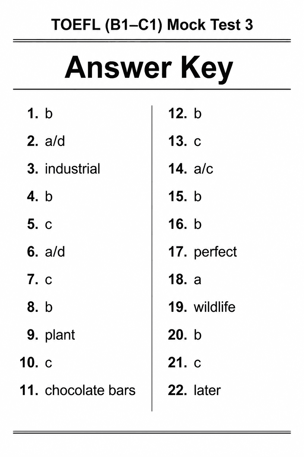 Answer key for TOEFL iBT — Mock Test 3