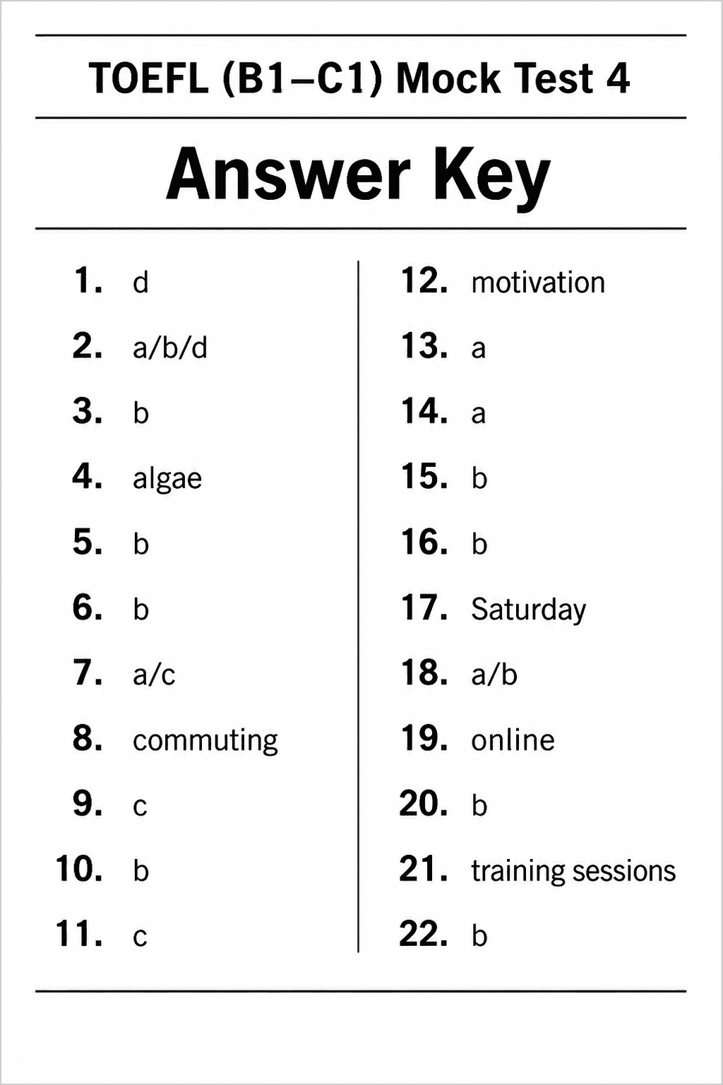 Answer key for TOEFL iBT — Mock Test 4