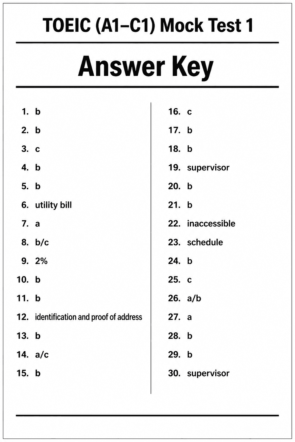 Answer key for TOEIC Listening & Reading — Mock Test 1