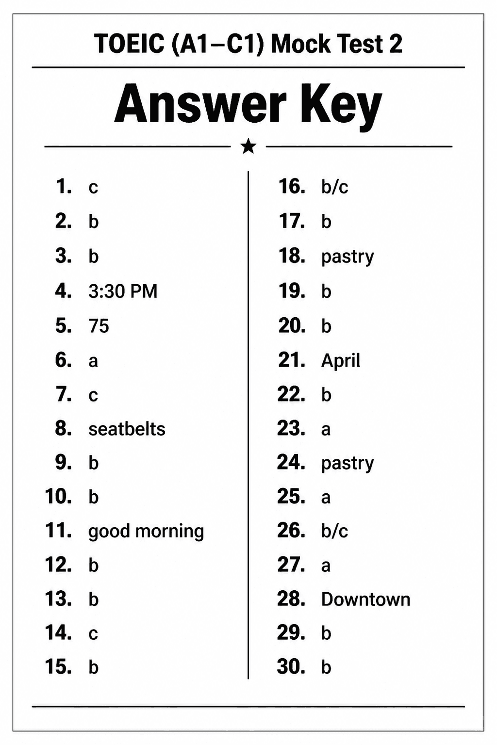 Answer key for TOEIC Listening & Reading — Mock Test 2