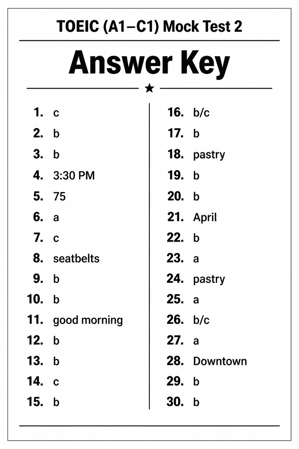 Answer key for TOEIC Listening & Reading — Mock Test 2