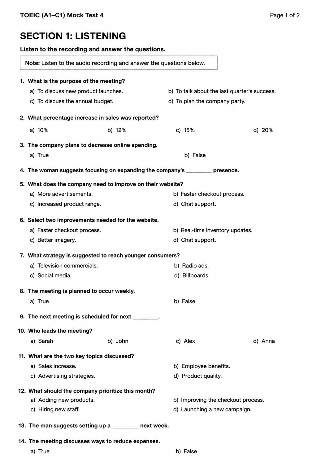 TOEIC Listening & Reading — Mock Test 4