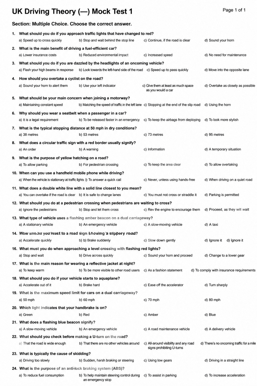 Preview of UK Driving Theory Test — Mock Test 1