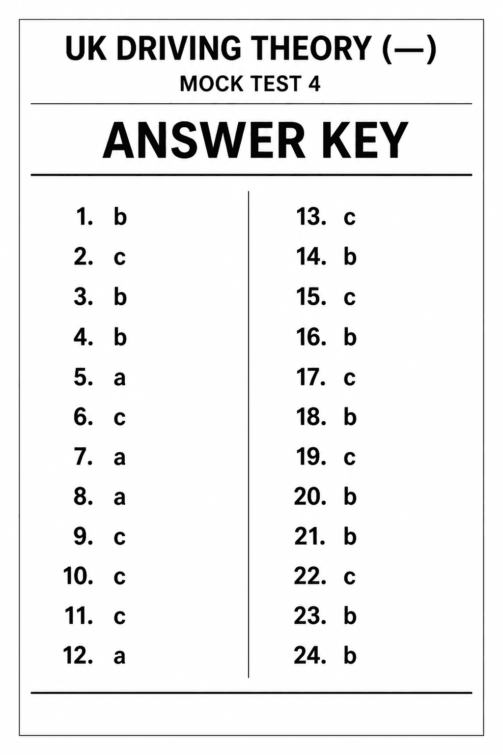 Answer key for UK Driving Theory Test — Mock Test 4