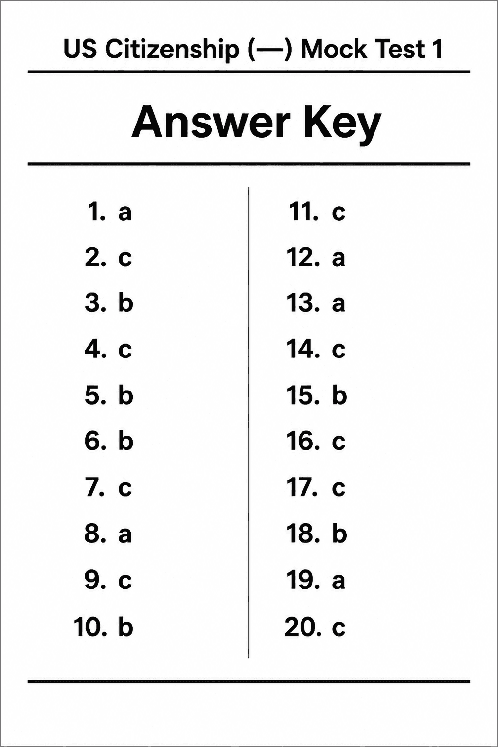 Answer key for US Citizenship (Civics) — Mock Test 1