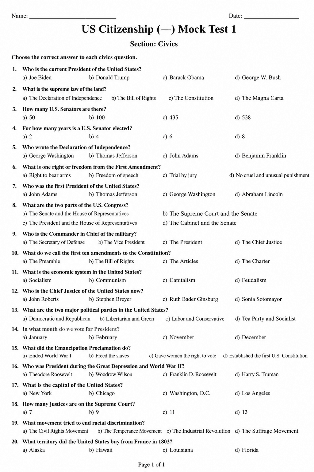 Preview of US Citizenship (Civics) — Mock Test 1