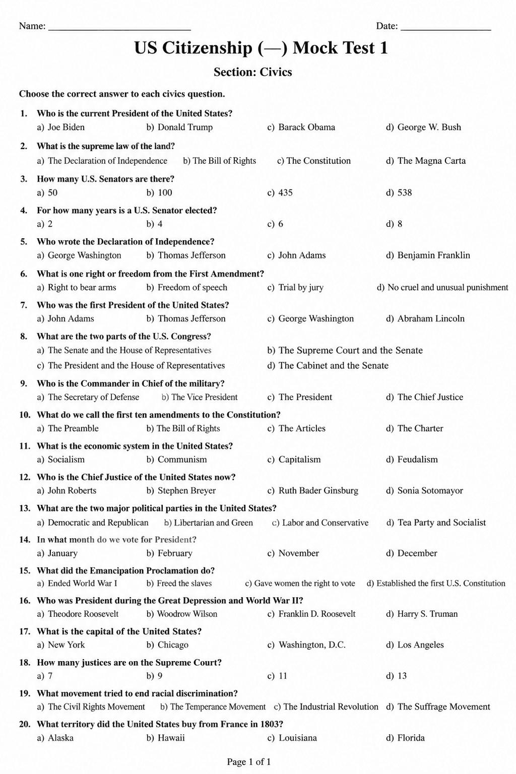Preview of US Citizenship (Civics) — Mock Test 1