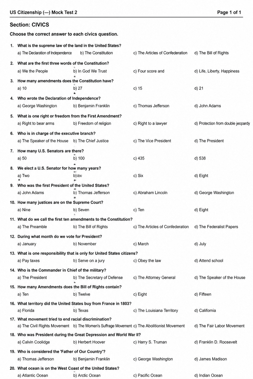 Preview of US Citizenship (Civics) — Mock Test 2
