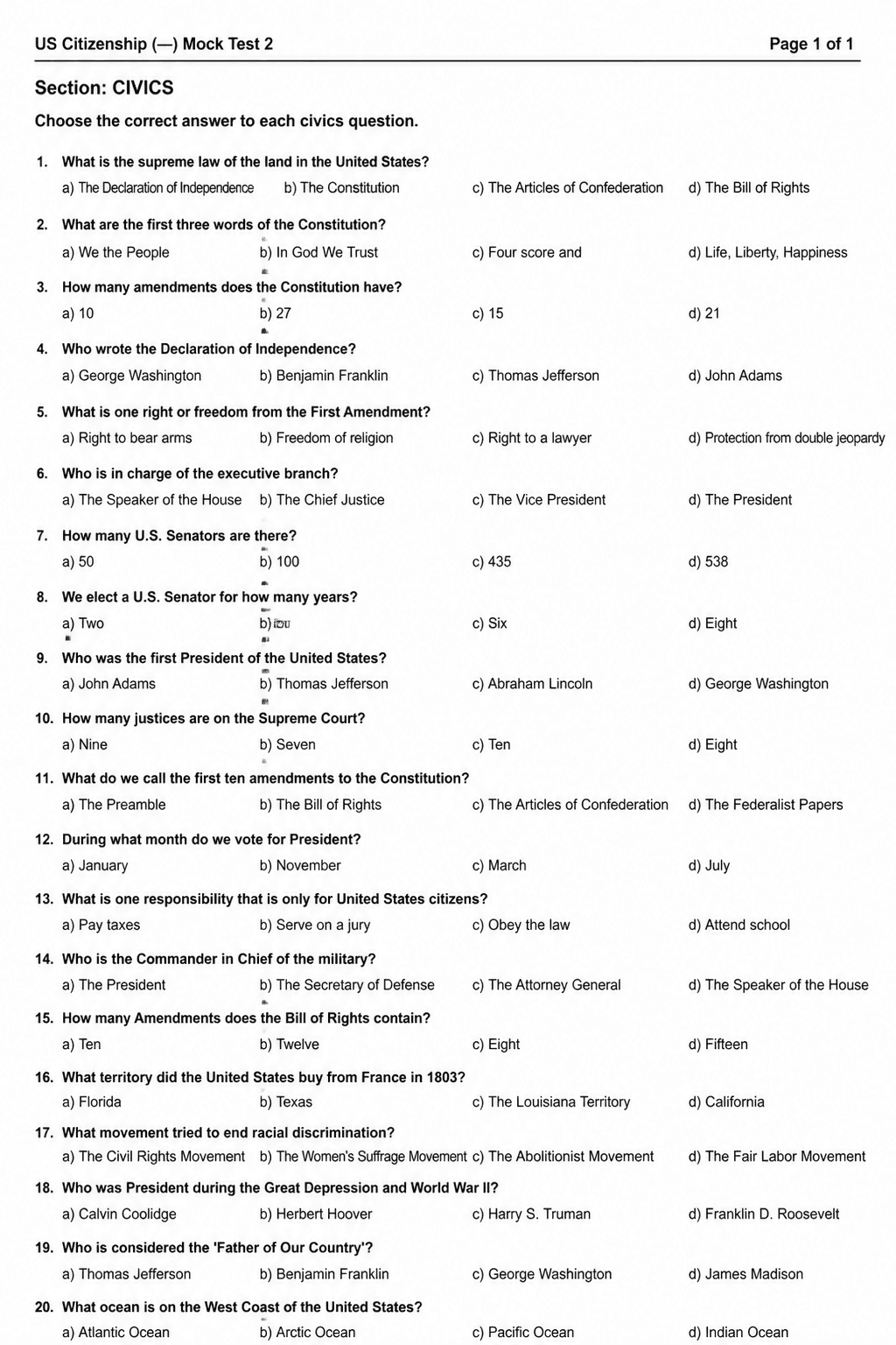 US Citizenship (Civics) — Mock Test 2