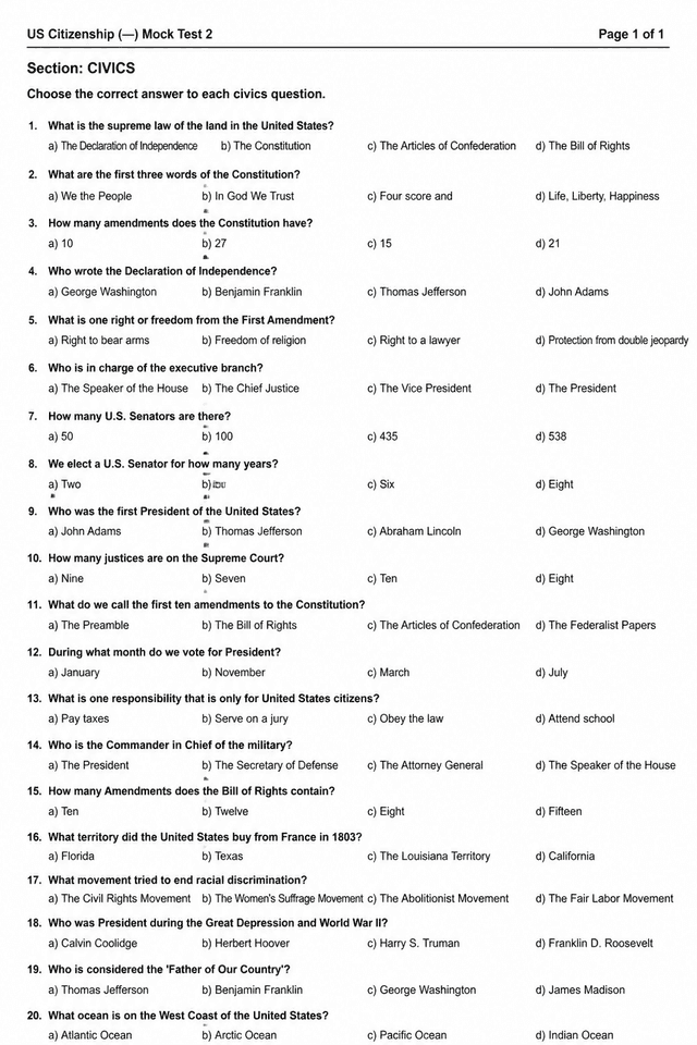US Citizenship (Civics) — Mock Test 2
