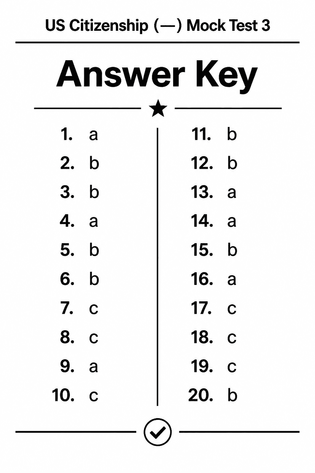 Answer key for US Citizenship (Civics) — Mock Test 3