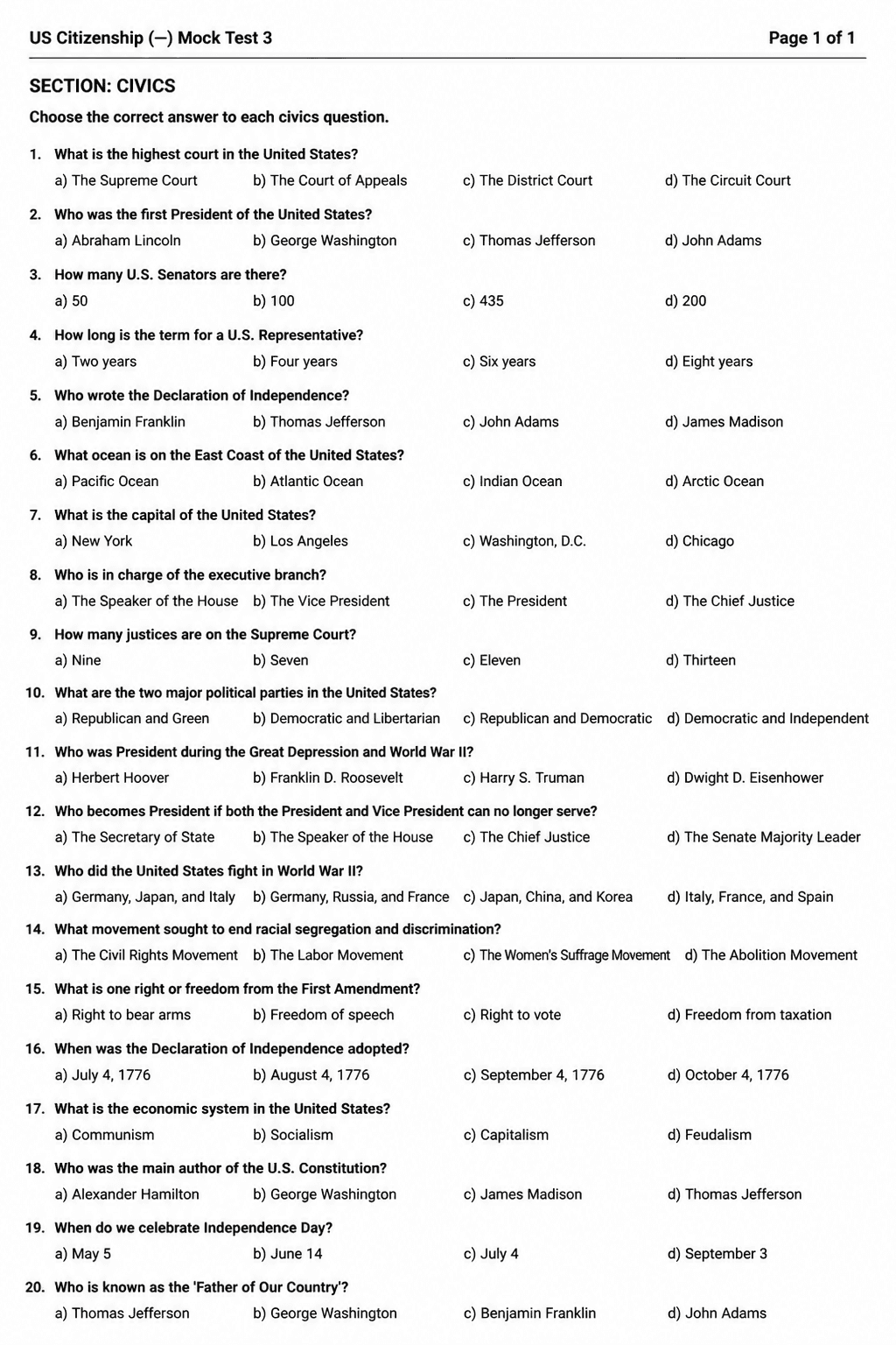 Preview of US Citizenship (Civics) — Mock Test 3