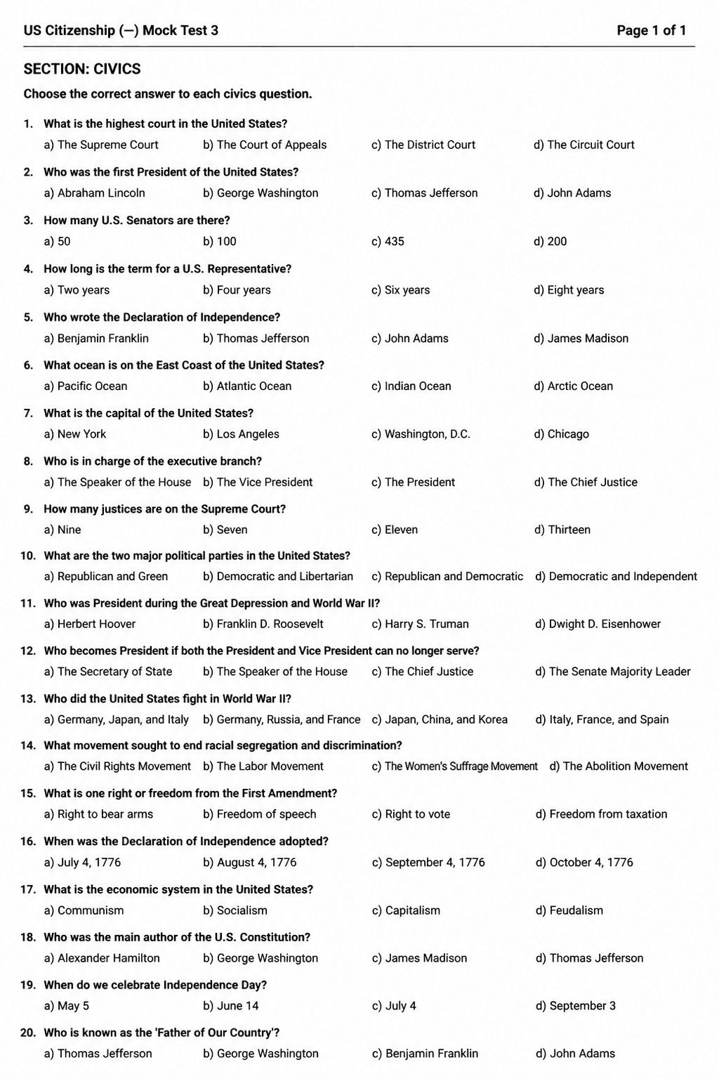 Preview of US Citizenship (Civics) — Mock Test 3