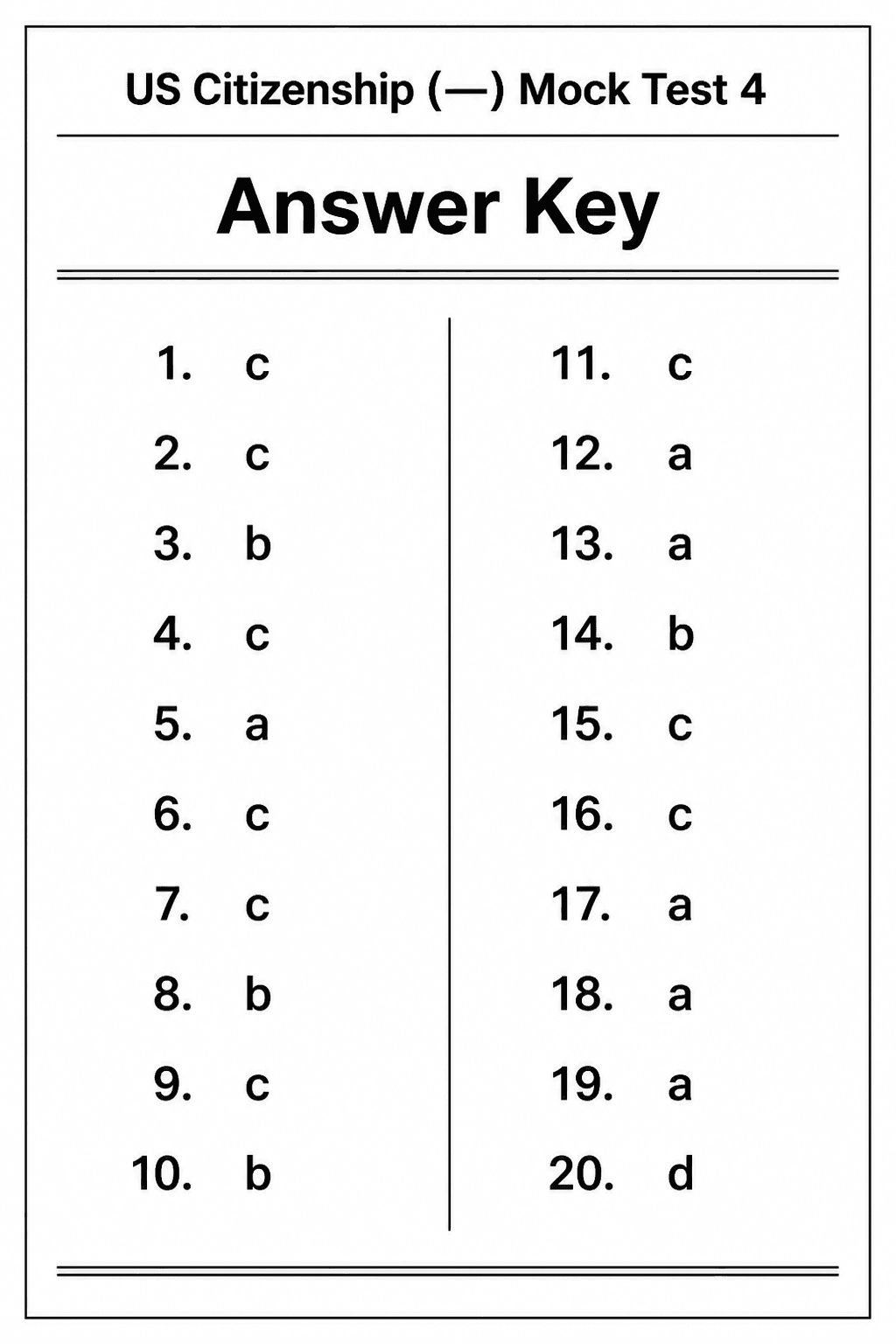 Answer key for US Citizenship (Civics) — Mock Test 4