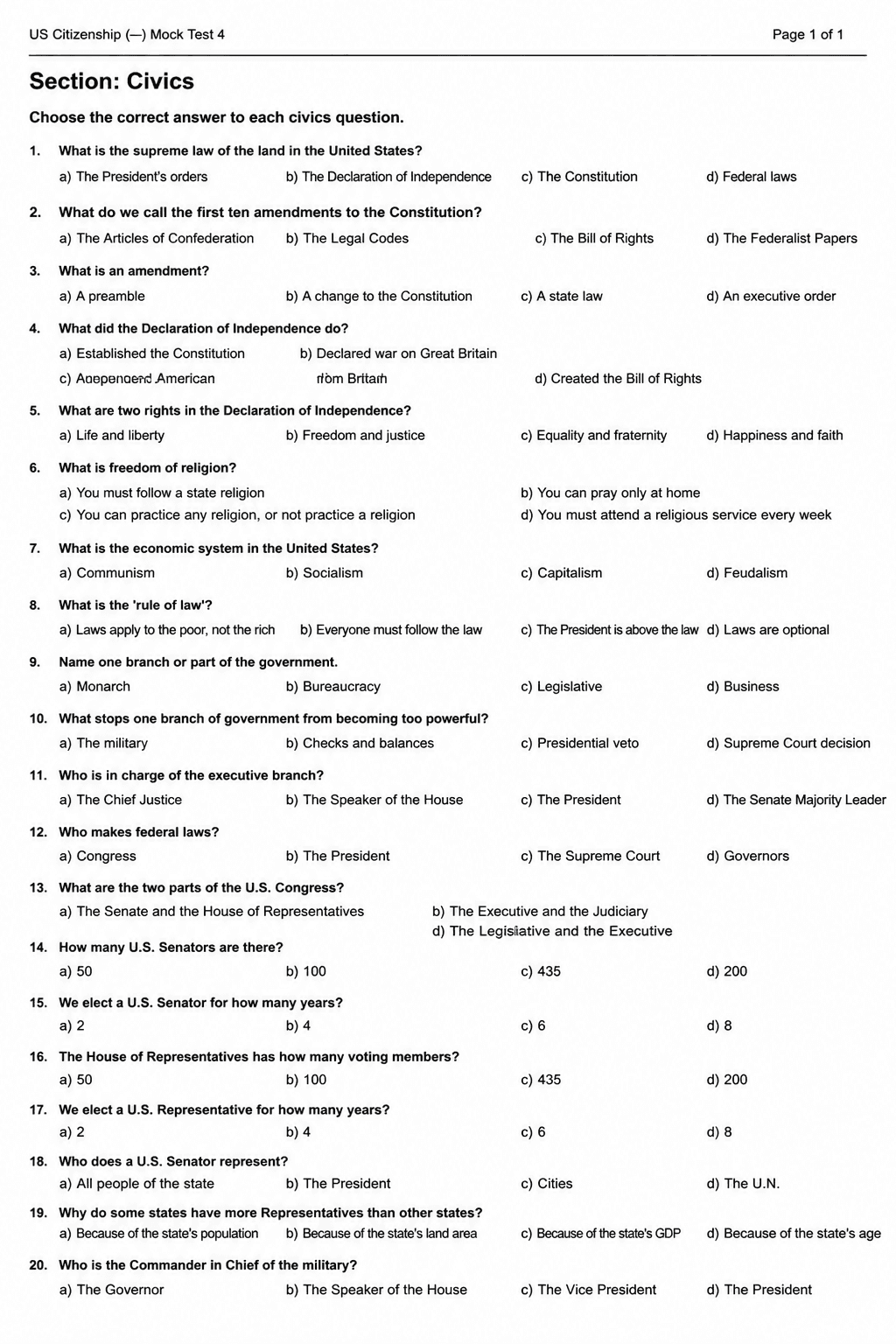 Preview of US Citizenship (Civics) — Mock Test 4