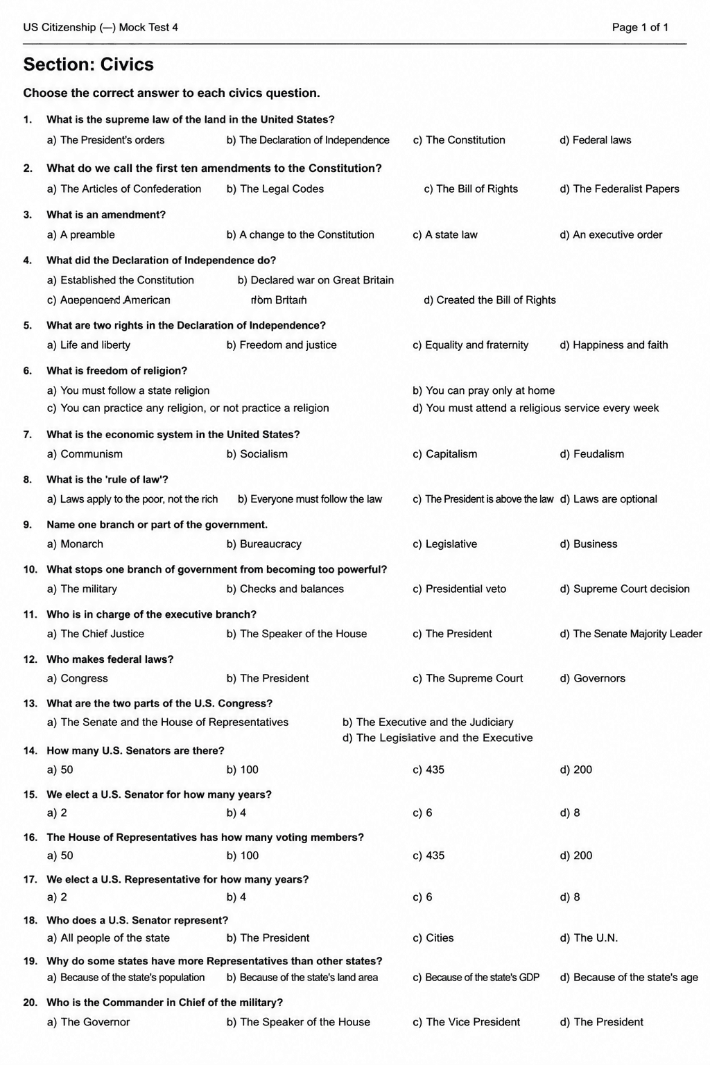 Preview of US Citizenship (Civics) — Mock Test 4