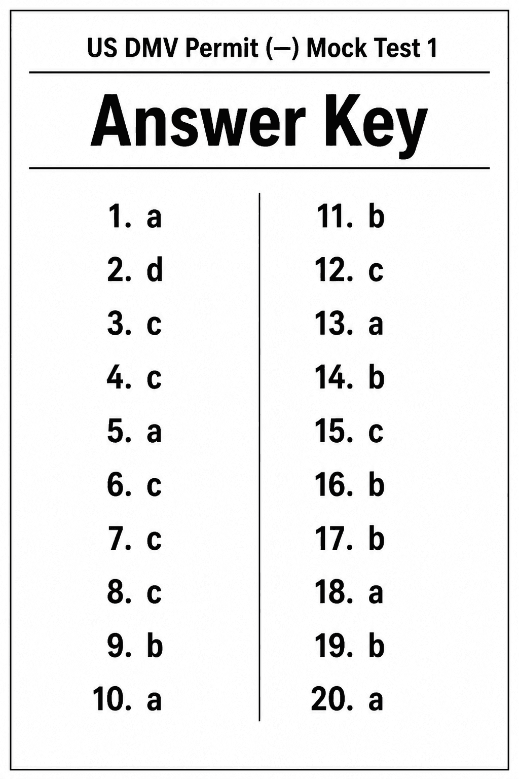 Answer key for US DMV Permit Test — Mock Test 1