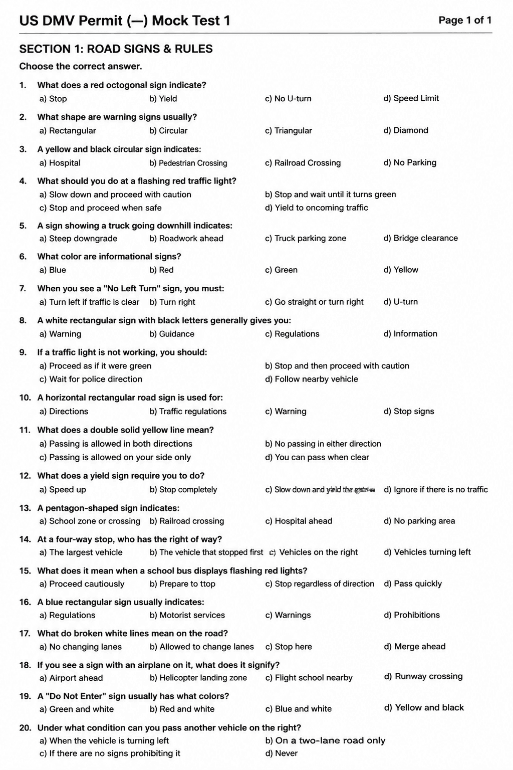 Preview of US DMV Permit Test — Mock Test 1