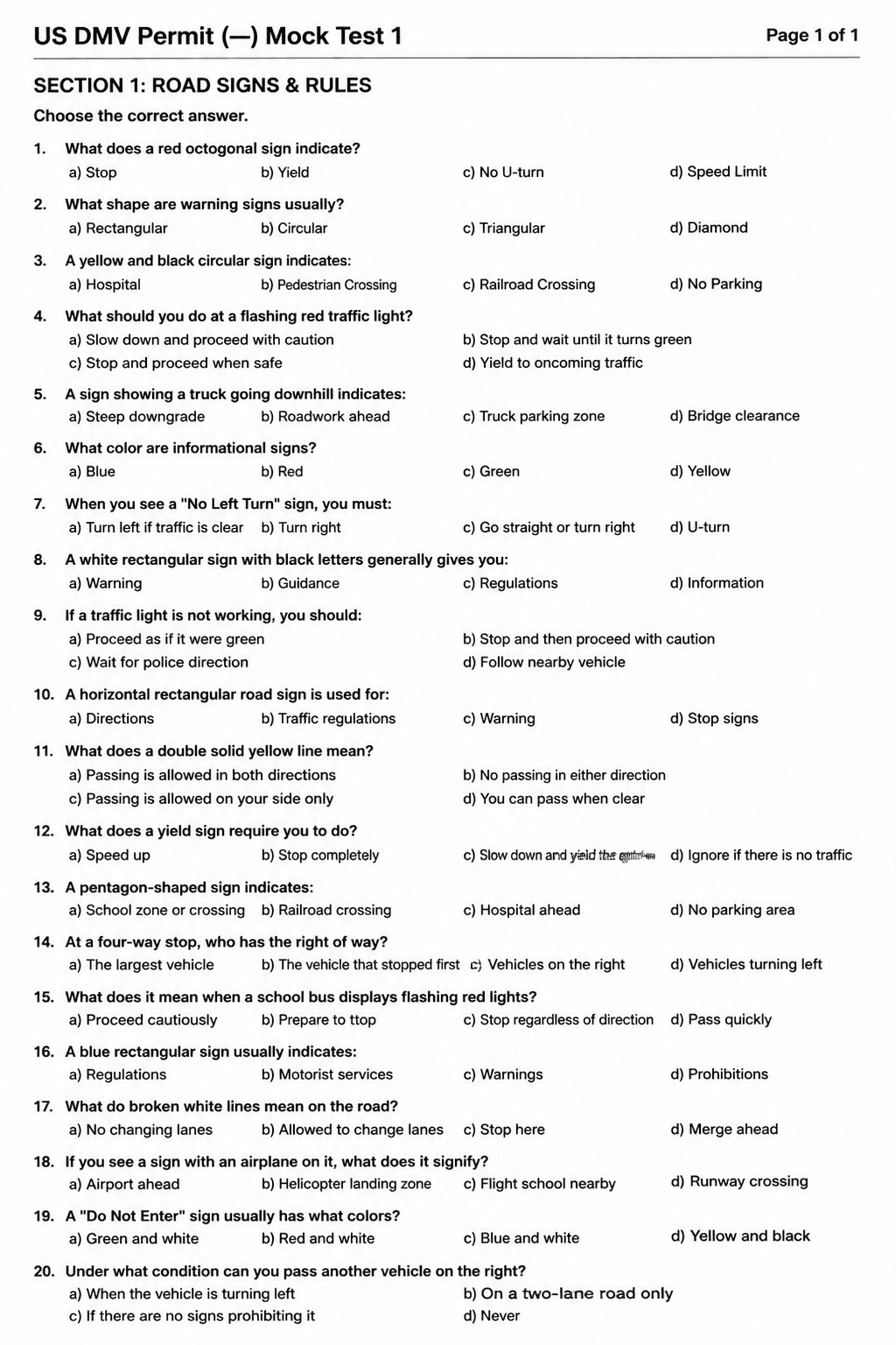 Preview of US DMV Permit Test — Mock Test 1