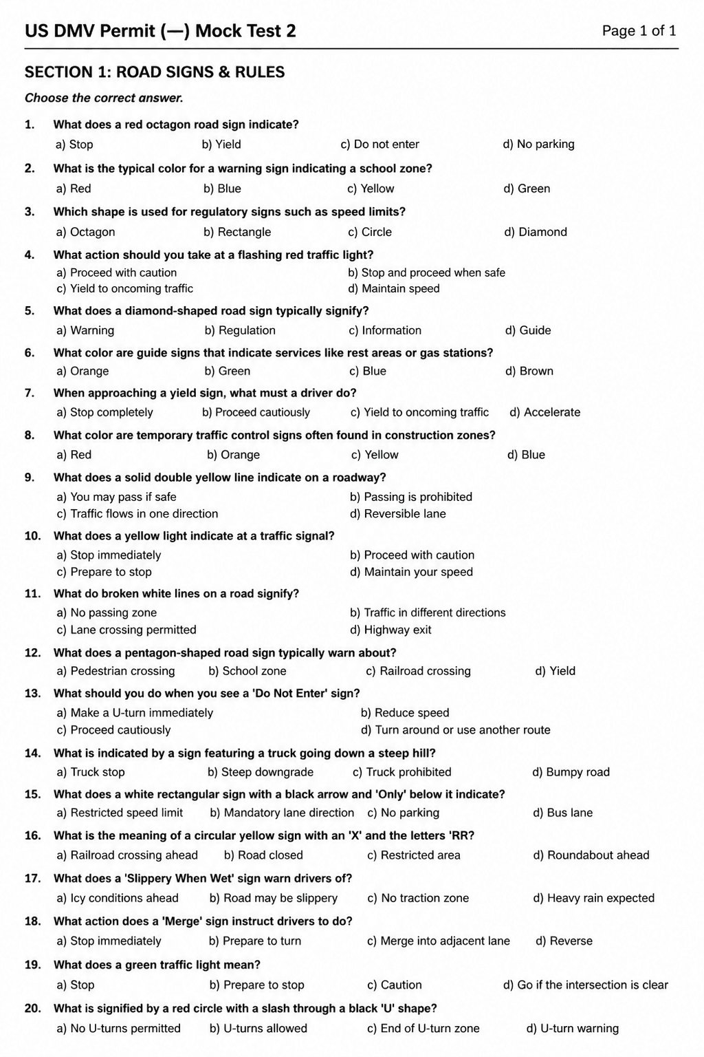 Preview of US DMV Permit Test — Mock Test 2
