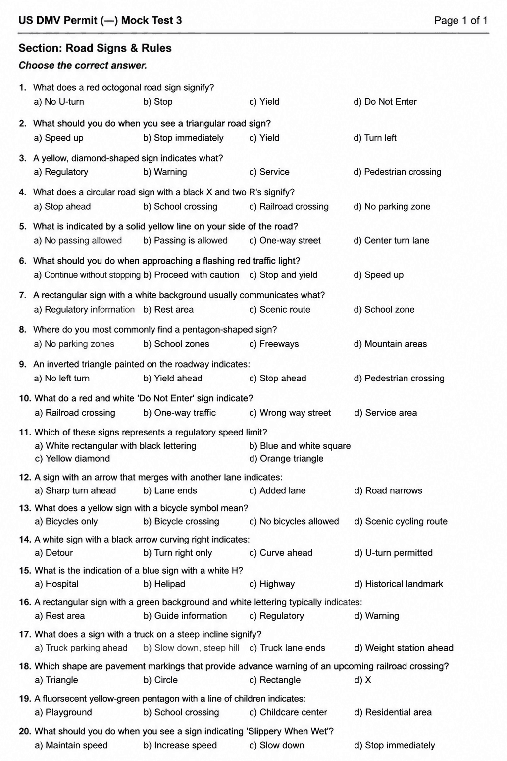 Preview of US DMV Permit Test — Mock Test 3