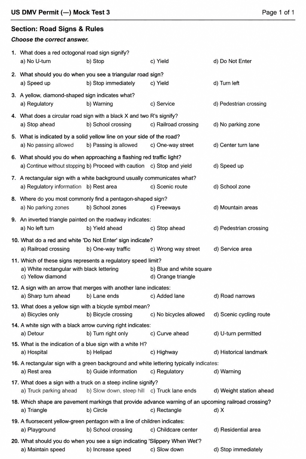 Preview of US DMV Permit Test — Mock Test 3