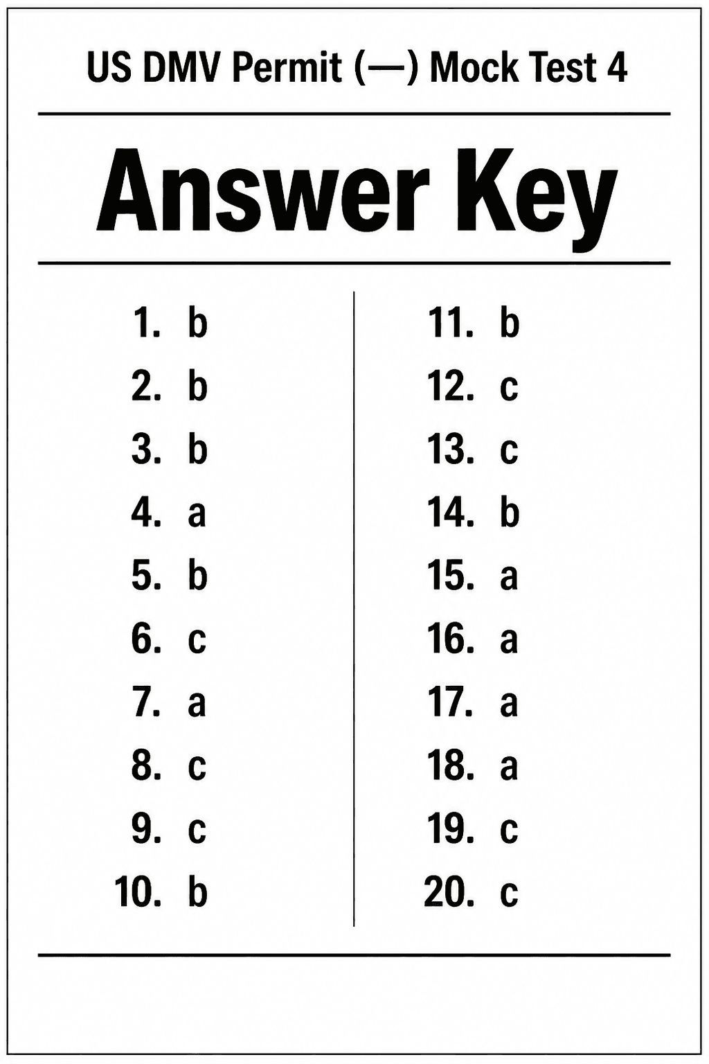 Answer key for US DMV Permit Test — Mock Test 4