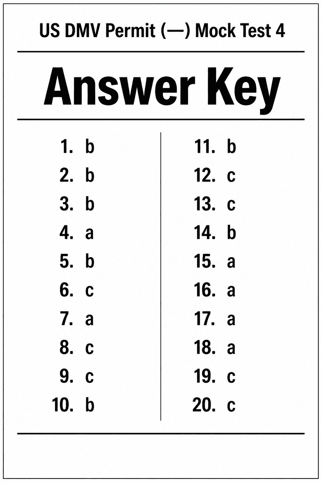 Answer key for US DMV Permit Test — Mock Test 4