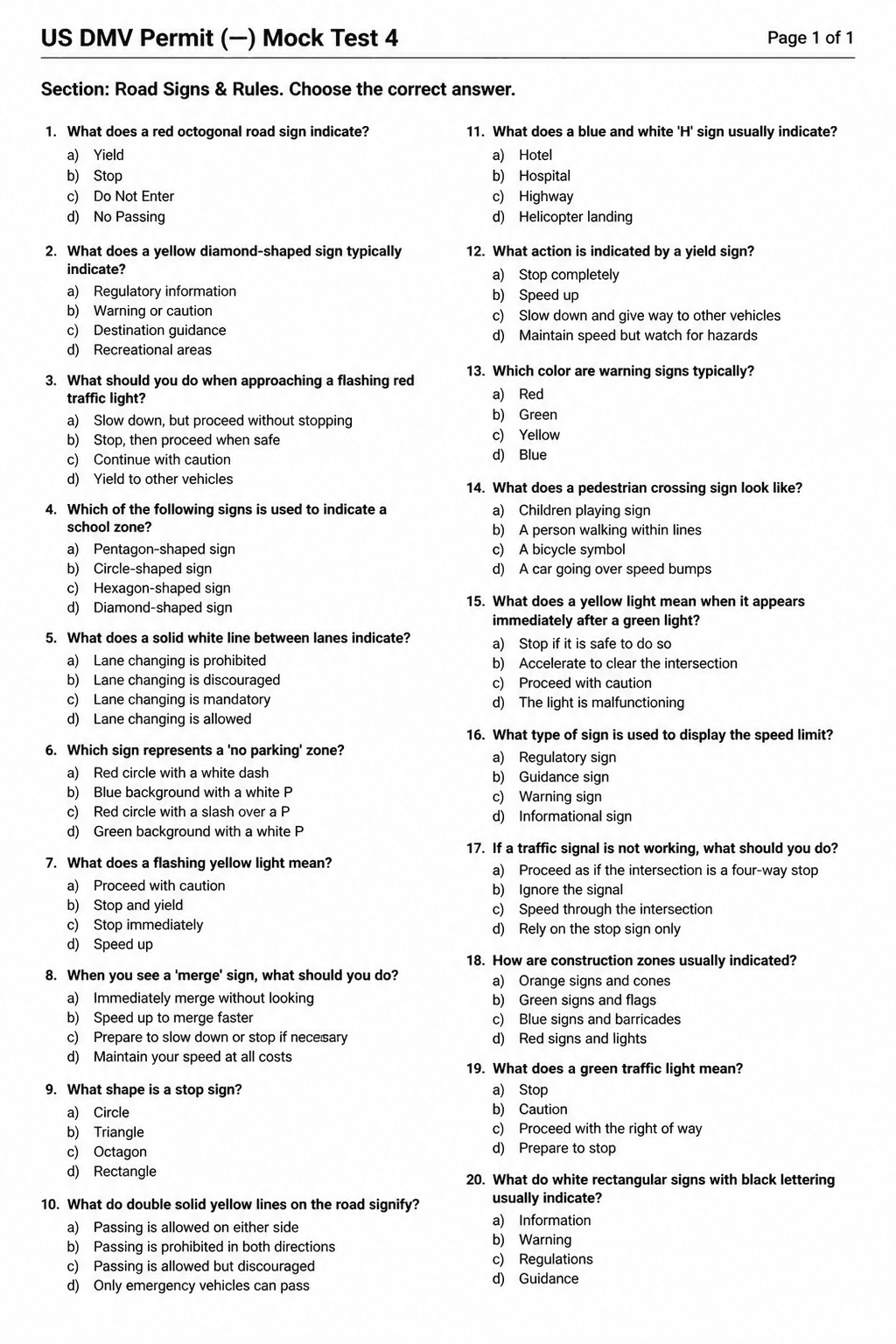 Preview of US DMV Permit Test — Mock Test 4